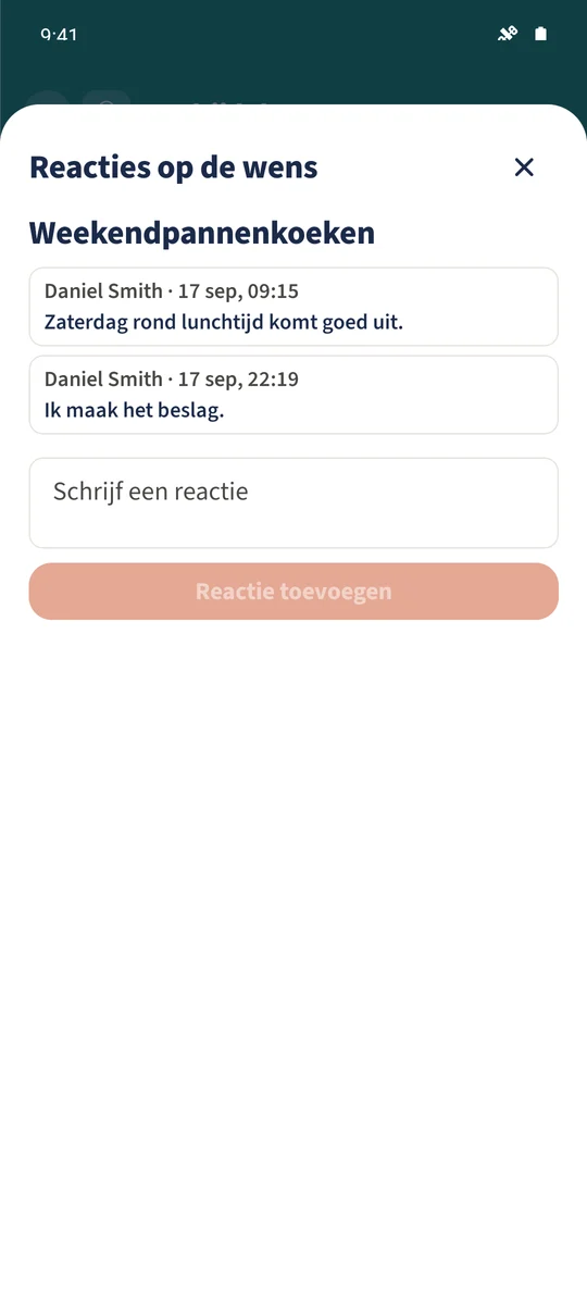 Daniels reactie Ik maak het beslag. staat bij de wens Pannenkoeken in het weekend.