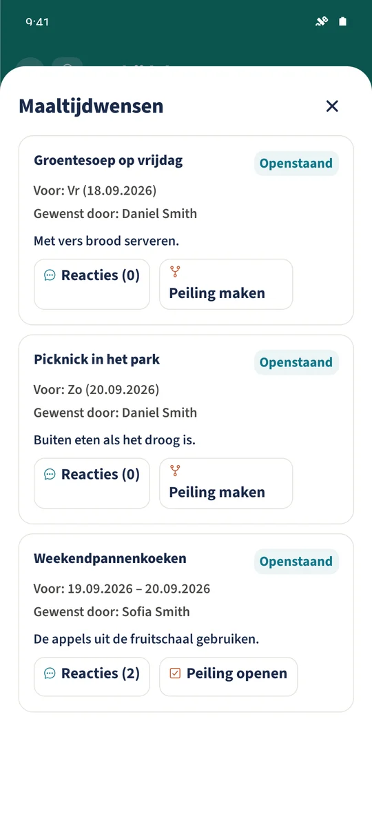 Pannenkoeken in het weekend toont twee reacties en Peiling openen voor de gekoppelde gezinspeiling.