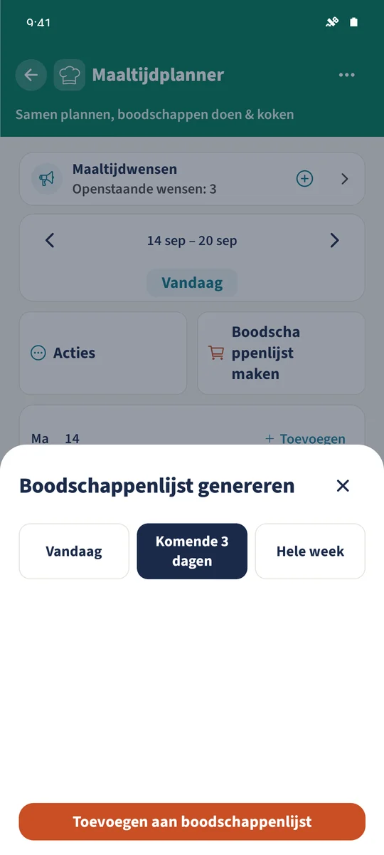 In Boodschappenlijst genereren is een periode geselecteerd, klaar om receptingrediënten aan de bestaande hoofdlijst toe te voegen.