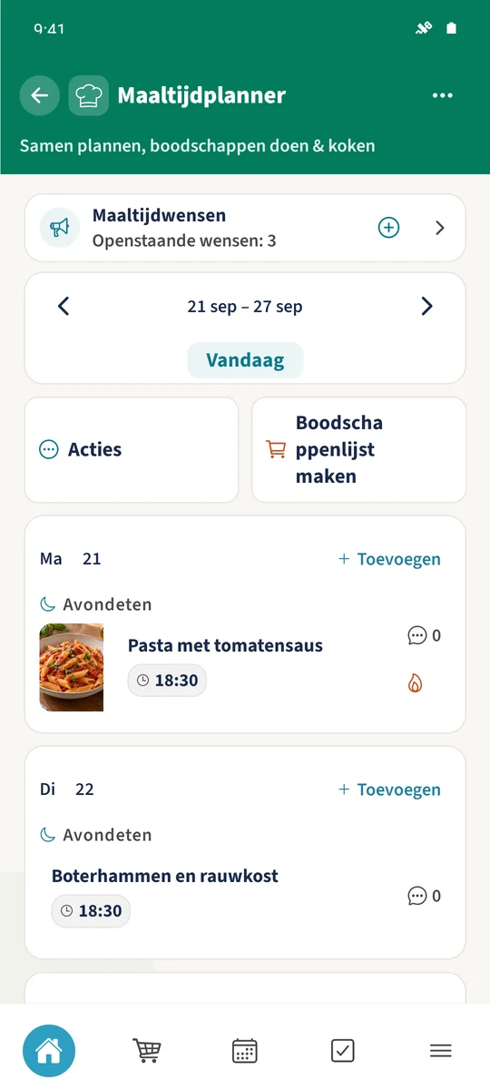 De doelweek bevat de toegevoegde maaltijden, waaronder pasta op maandag en Broodjes en rauwkost op dinsdag.