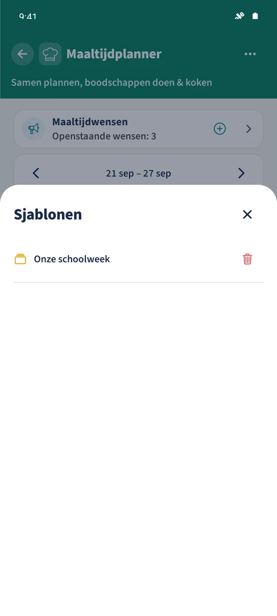 Het opgeslagen sjabloon is beschikbaar voor de doelweek van 21–27 september 2026.