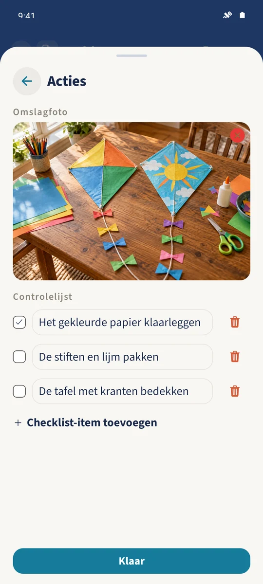 Het extra menu toont de gekozen knutselafbeelding en een checklist met één voltooide voorbereidingsstap.