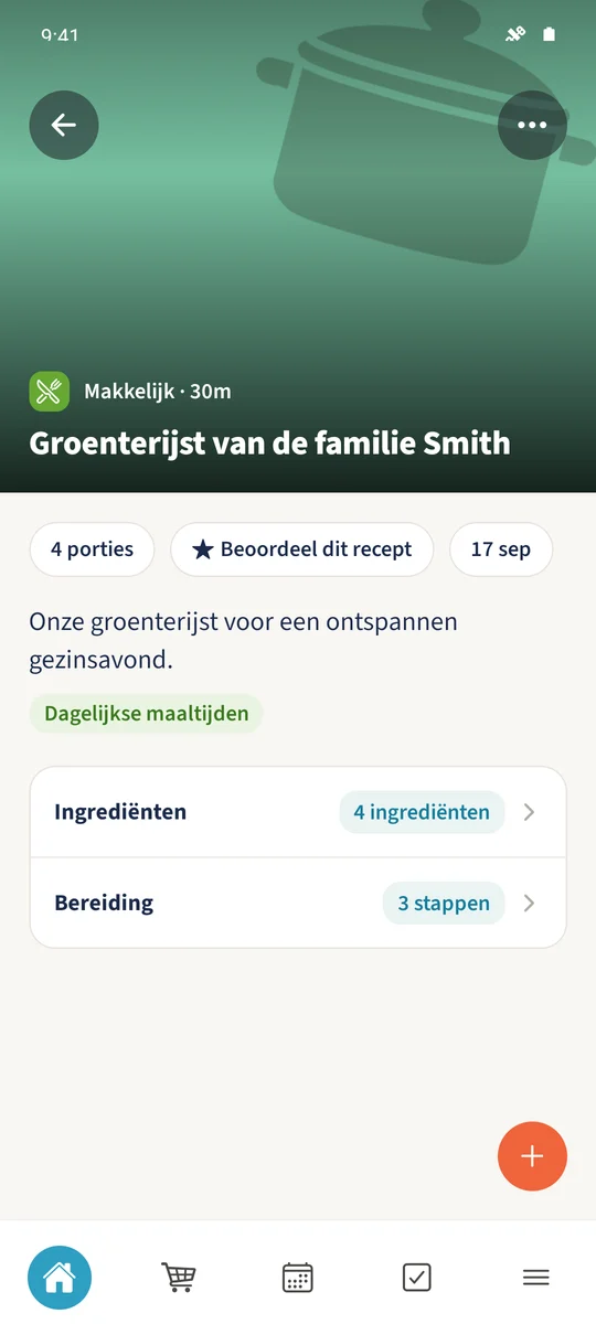 Het opnieuw geopende recept bevat de opgeslagen gezinsbeschrijving, de moeilijkheid Makkelijk en de categorie Dagelijkse maaltijden.