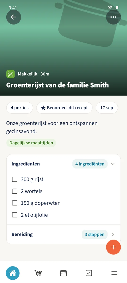 Het opgeslagen recept Groenterijst van het gezin Smith toont rijst, wortels, erwten en olijfolie onder Ingrediënten.