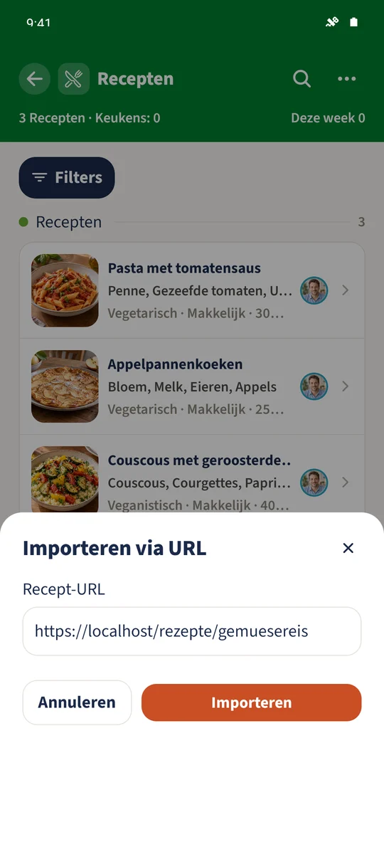 Recept-URL bevat het adres van het lokaal gehoste voorbeeld Groenterijst van het gezin Smith.