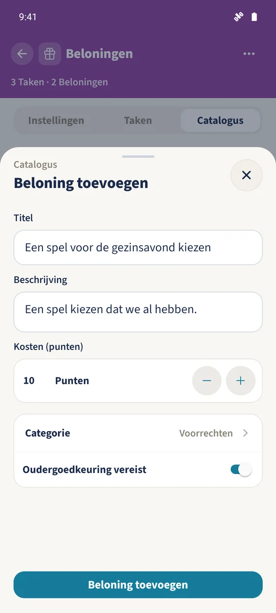 Het catalogusformulier biedt een spelkeuze voor tien punten met vereiste oudergoedkeuring.