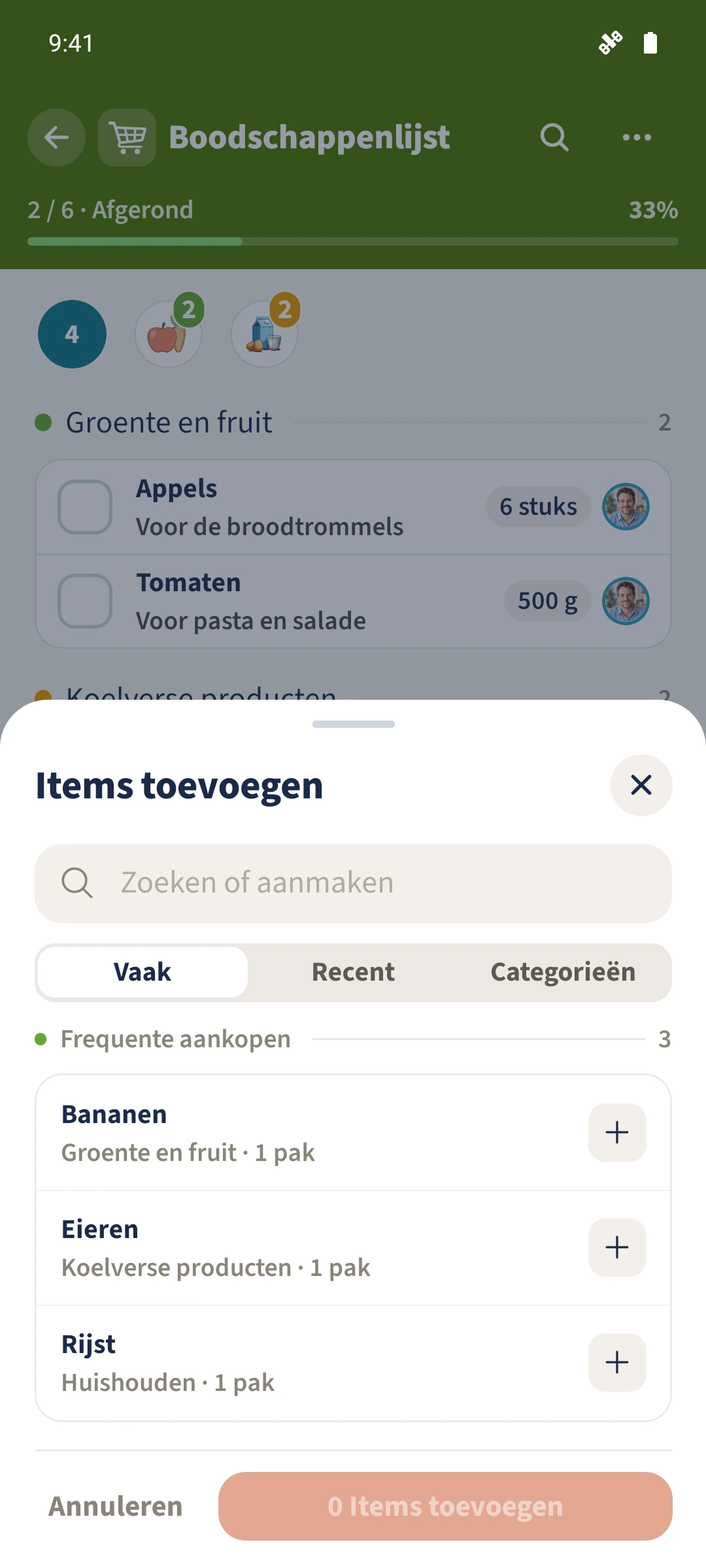 De weergave Vaak gekocht biedt eerder gebruikte items; het aantal geselecteerde items is aanvankelijk nul.