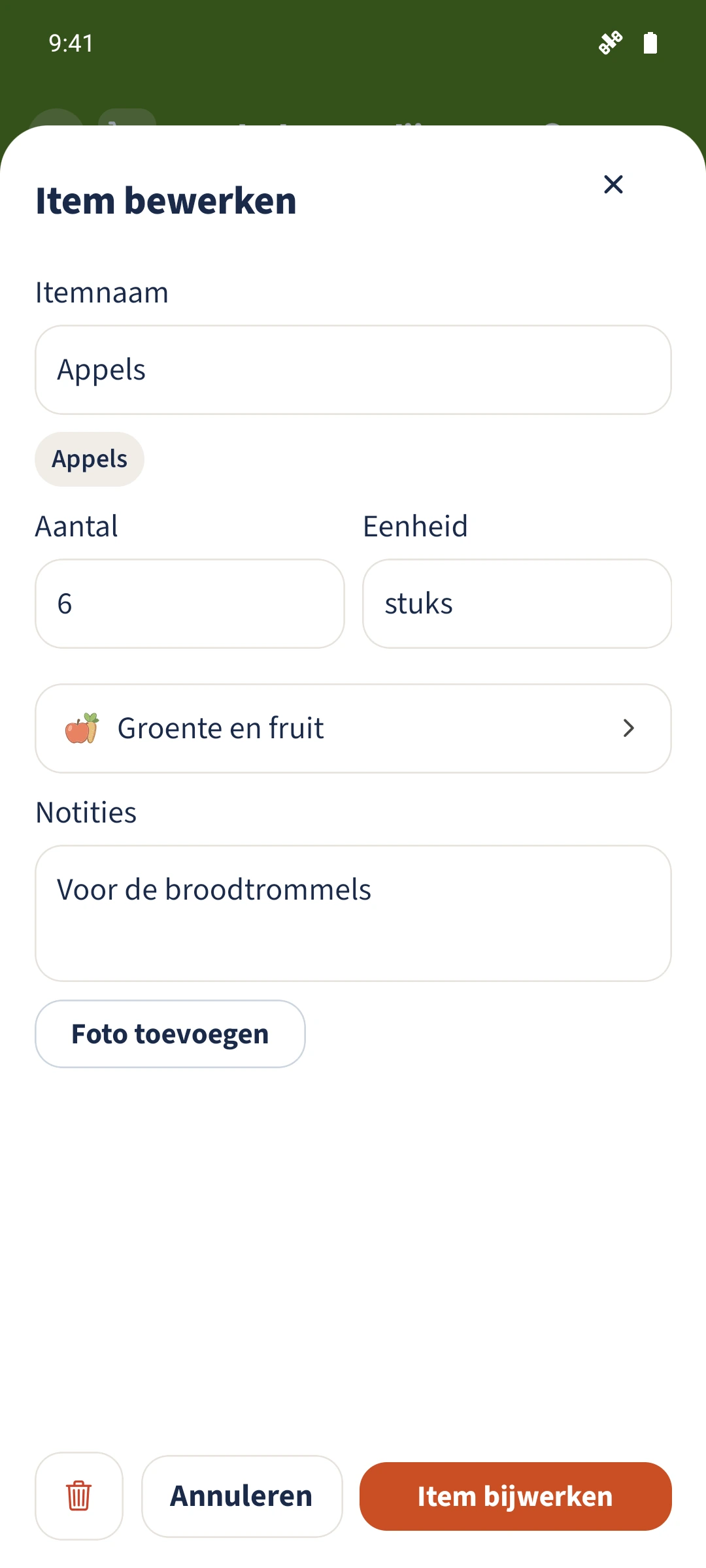 De itemeditor toont de categorie naast het aantal, de eenheid en de notities.