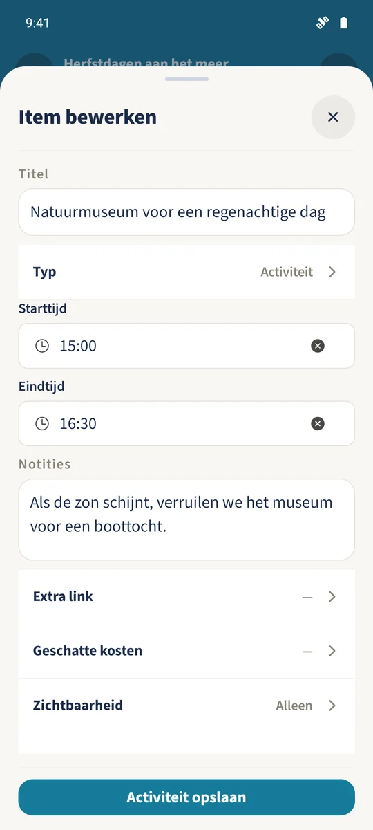 Natuurmuseum wordt bewerkt met begintijd 15:00, eindtijd 16:30 en een weersalternatief.