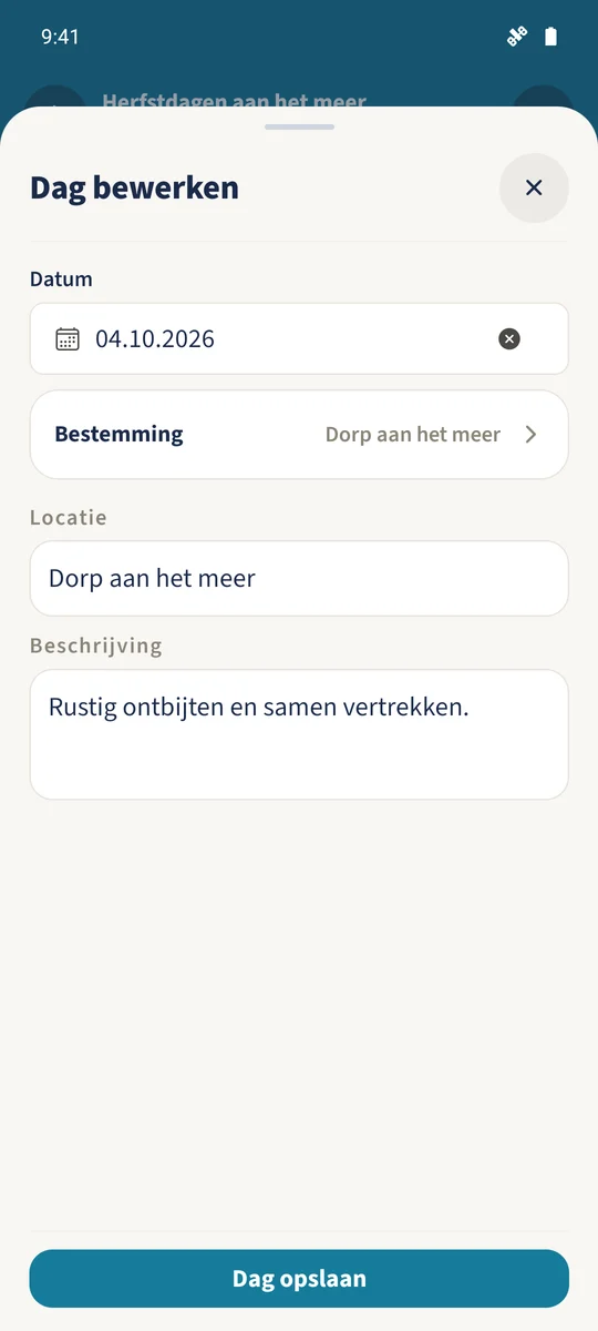 Dag bewerken opent de bestaande vertrekdag op 4 oktober opnieuw met locatie en beschrijving.