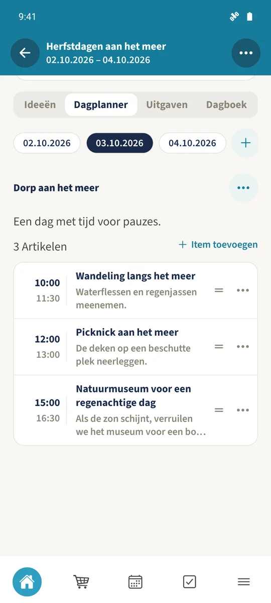 Het opgeslagen plan voor 3 oktober toont de wandeling, picknick en het natuurmuseum in de gekozen volgorde.