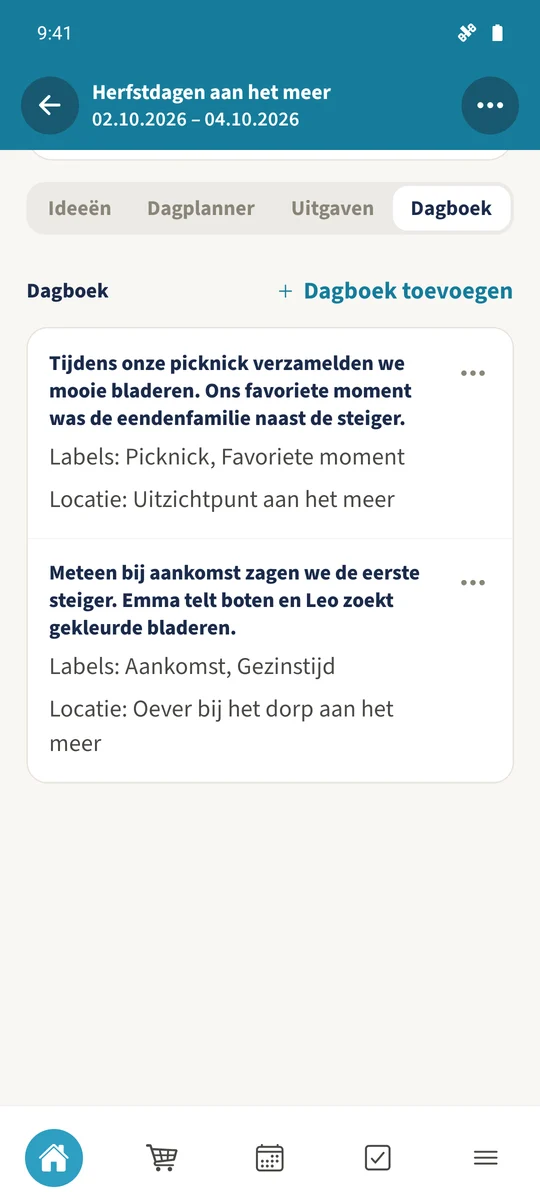 Het gedeelde dagboek toont twee opgeslagen herinneringen met locaties en tags.