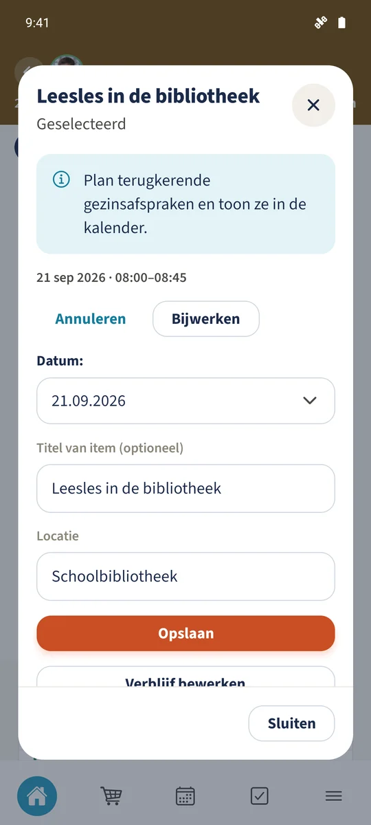 De opnieuw geopende gebeurtenis toont de opgeslagen titel en locatie.