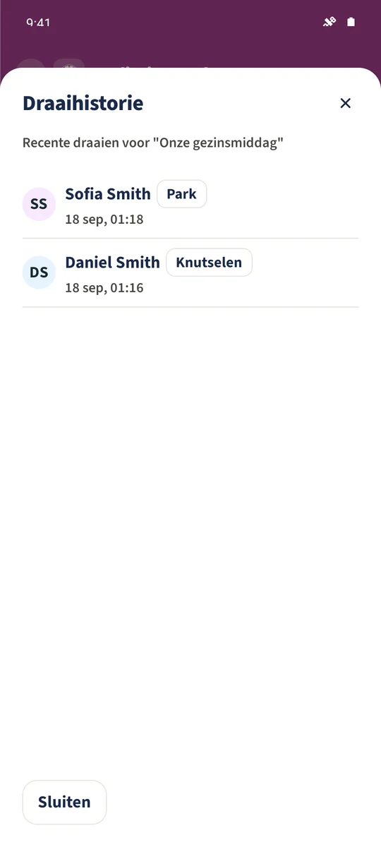 Draaihistorie toont de opgeslagen resultaten van Daniel en Sofia met datums en tijden.