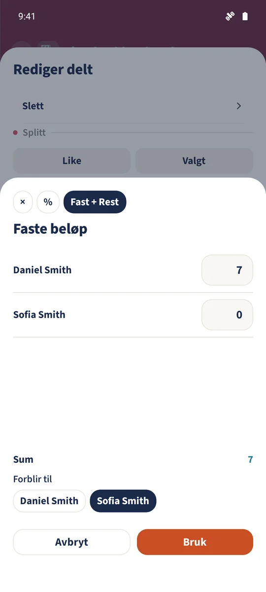 Fast + Rest tilordner Daniel 7 € av kostnaden for posten og Sofia resten av kostnaden.