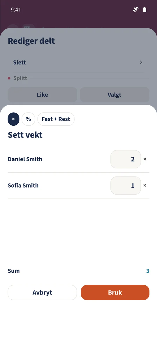 Vektene 2 til Daniel og 1 til Sofia gir tre relative andeler.