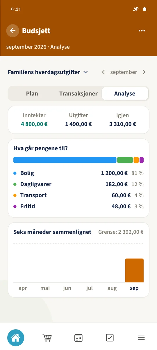Analyse viser inntekts- og utgiftstotaler og kategorien Dagligvarer på 182 €.