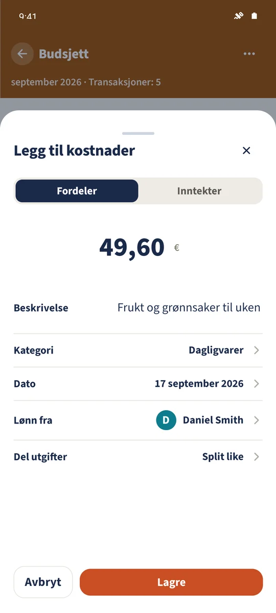 Rediger transaksjon viser eksisterende utgift på 49,60 € med dato, betaler, kategori og kostnadsfordeling.