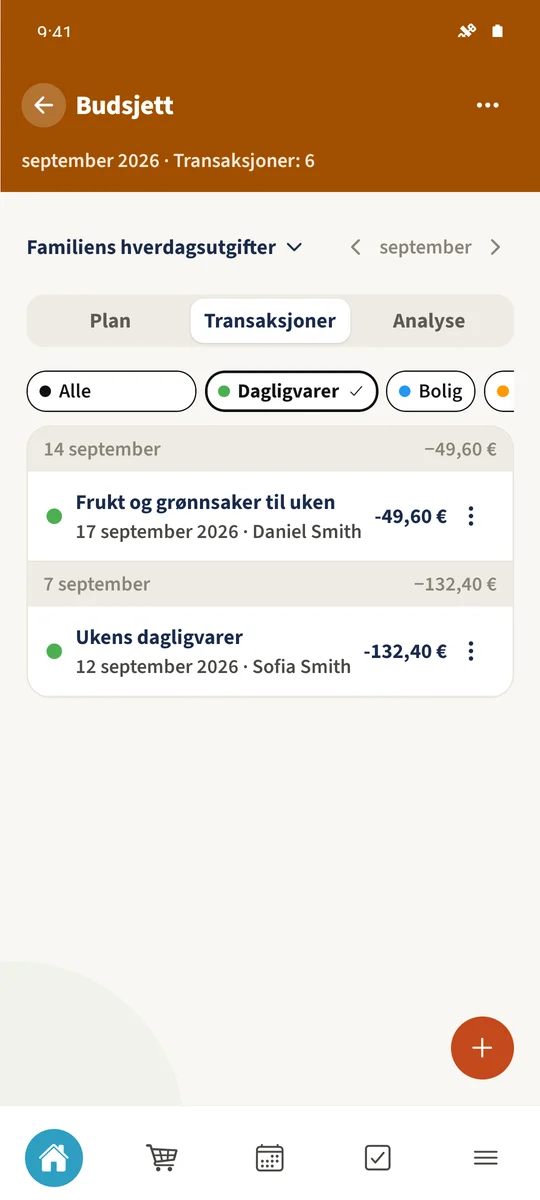 Dagligvarer-filteret viser Ukens dagligvarer og Frukt og grønnsaker for uken, i alt 182 €.