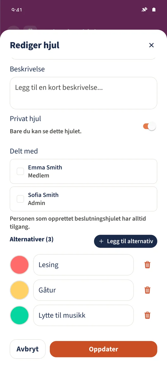Redigeringen viser hjulets tre alternativer.