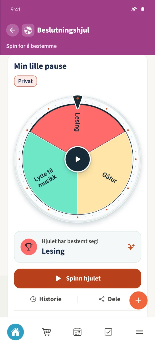 Det lagrede private hjulet viser resultatet av et ferdig spinn.