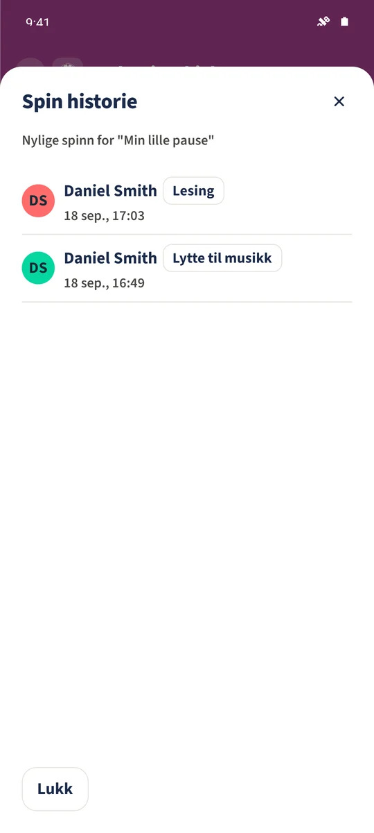 Historie for samme hjul inneholder det nye resultatet med Daniel og tidspunktet.