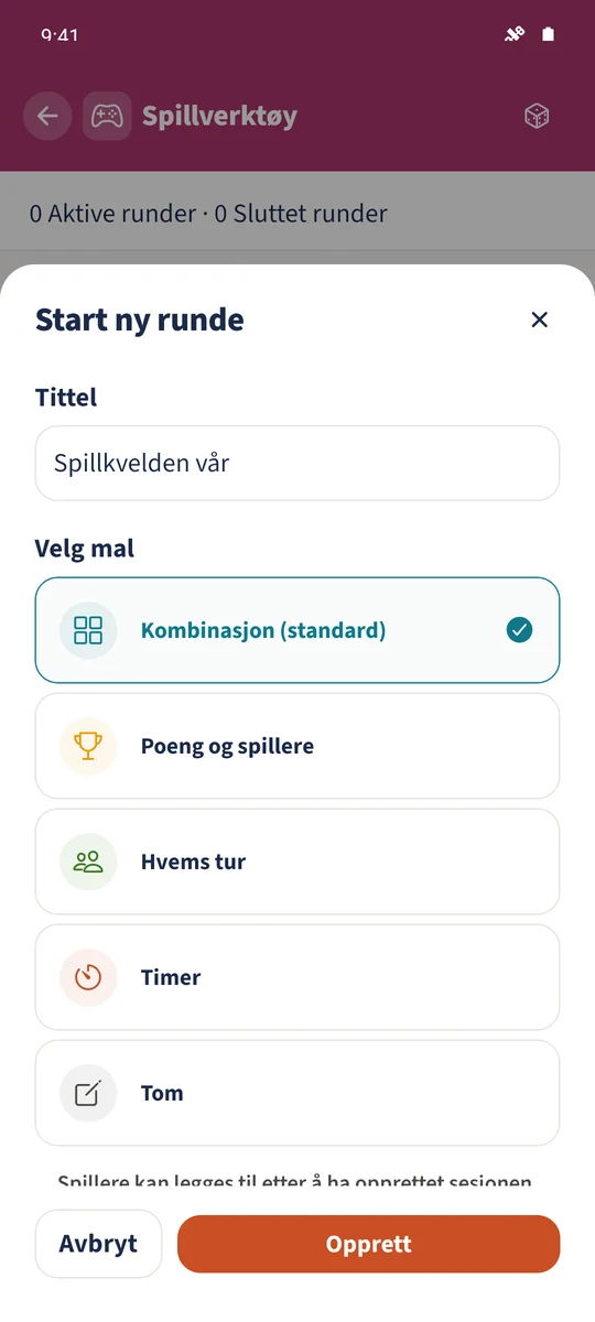 Skjemaet for en ny økt har en tittel og Kombinasjon (standard) valgt.