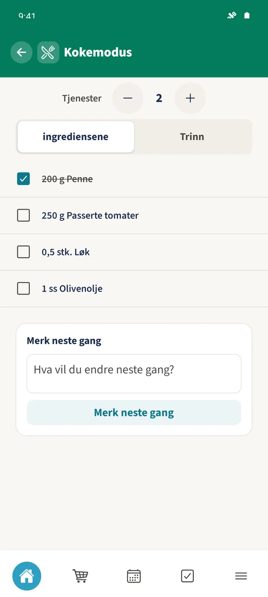 Kokemodus viser to porsjoner, 200 g penne og penneingrediensen krysset av.