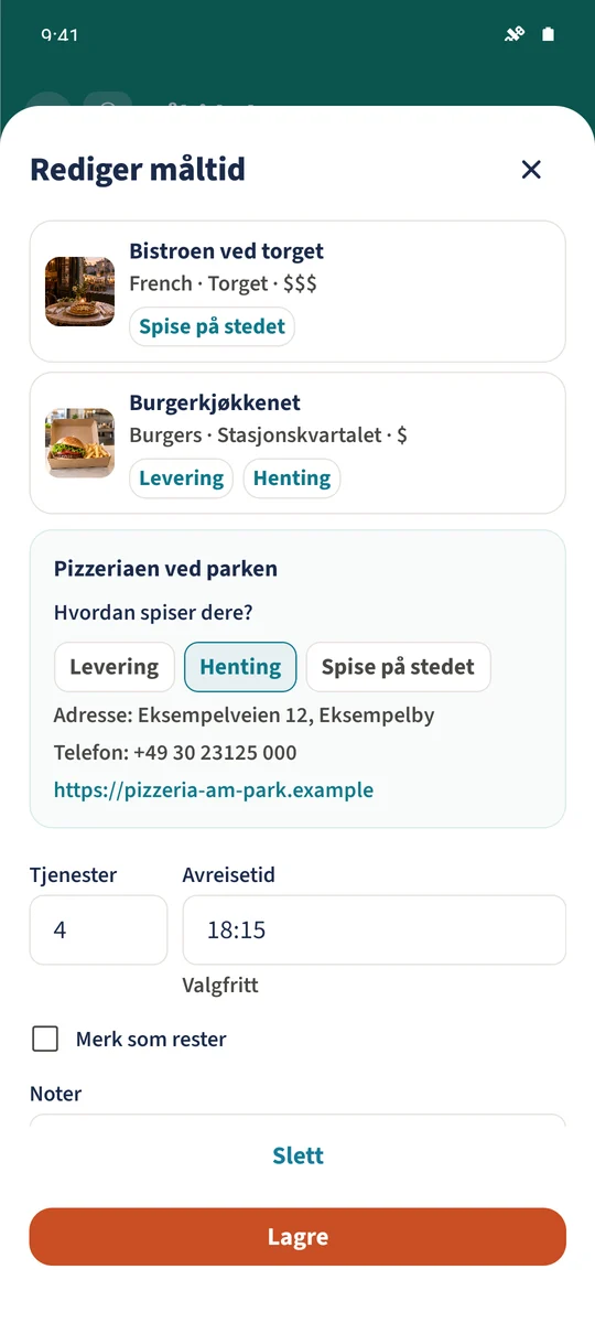 Det gjenåpnede måltidsskjemaet viser Parkside Pizzeria, Henting, fire porsjoner og lagret avreisetid 18:15.
