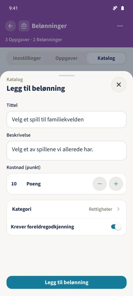 Katalogskjemaet tilbyr et spillvalg for ti poeng med krav om foreldregodkjenning.