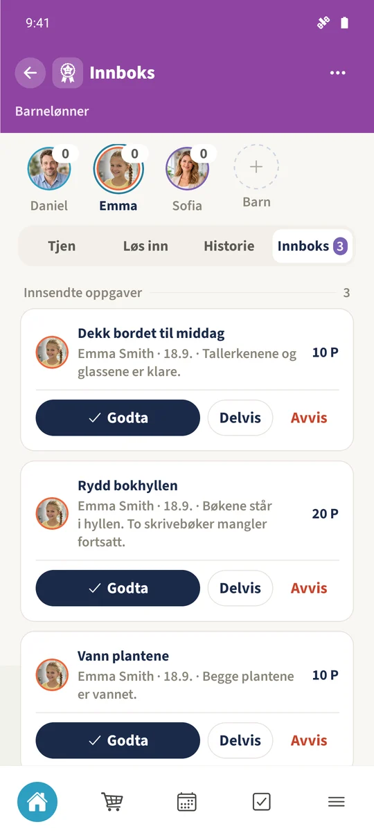 Daniels foreldre-Innboks viser de faktiske innsendingene og tre vurderingshandlinger.