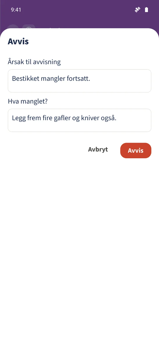 Avvisningen beskriver det manglende bestikket og gir et konkret neste trinn.