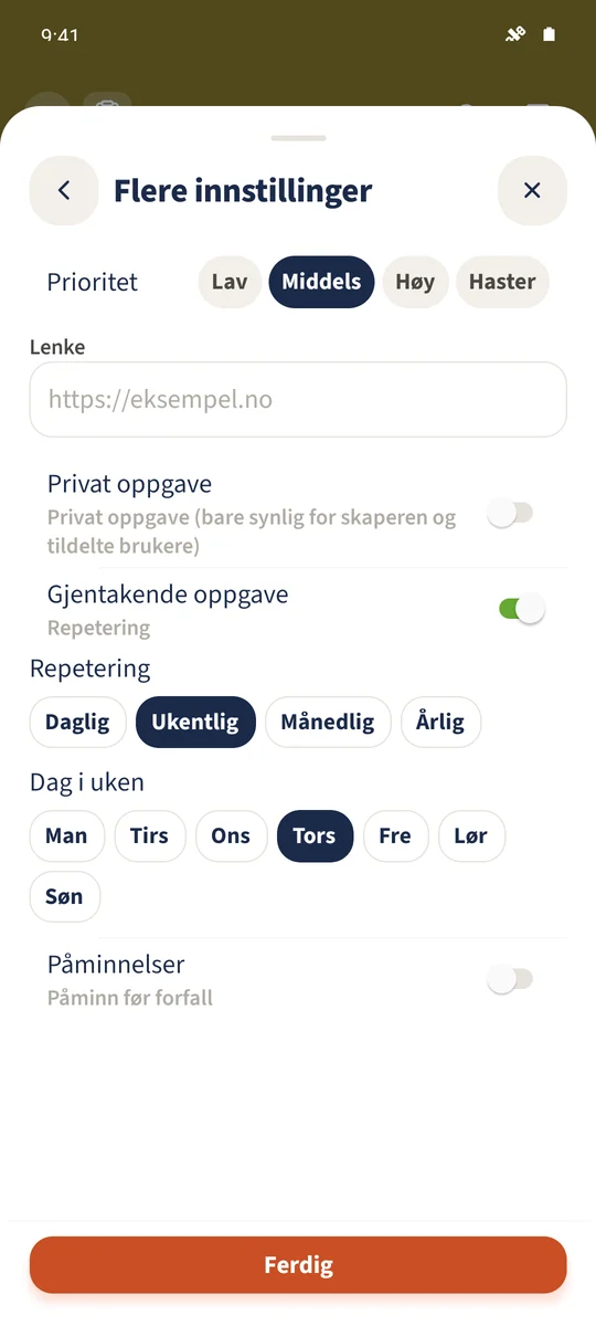 Gjentakelse er slått på hver torsdag, og påminnelser er slått av.