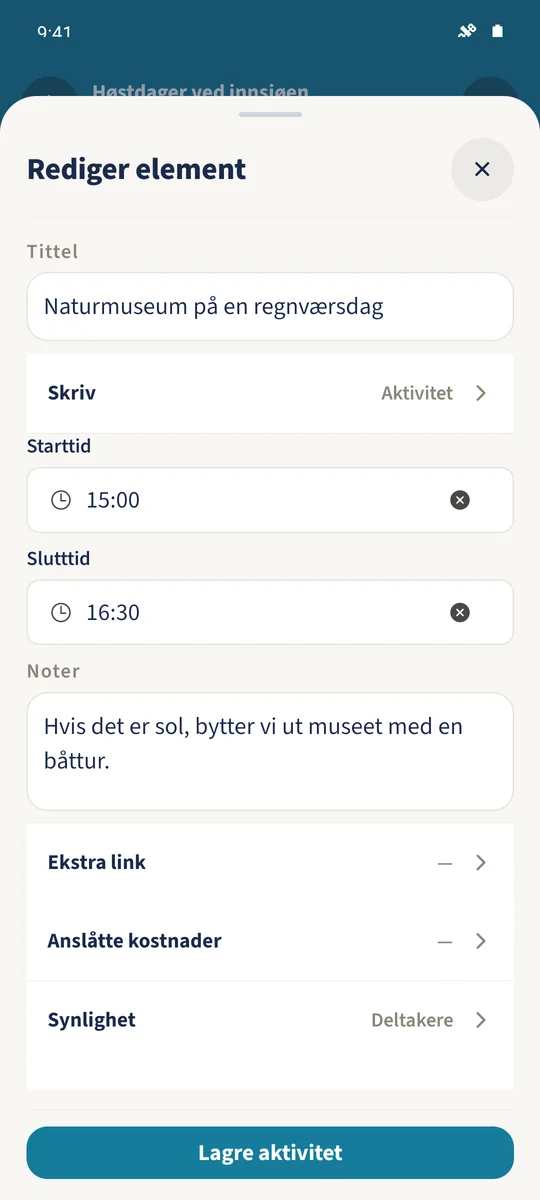 Naturmuseum redigeres med start kl. 15:00, slutt kl. 16:30 og et alternativ ved dårlig vær.
