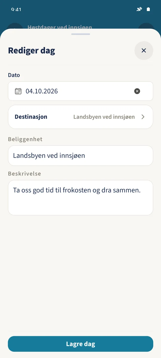 Rediger dag åpner den eksisterende avreisedagen 4. oktober igjen med sted og beskrivelse.