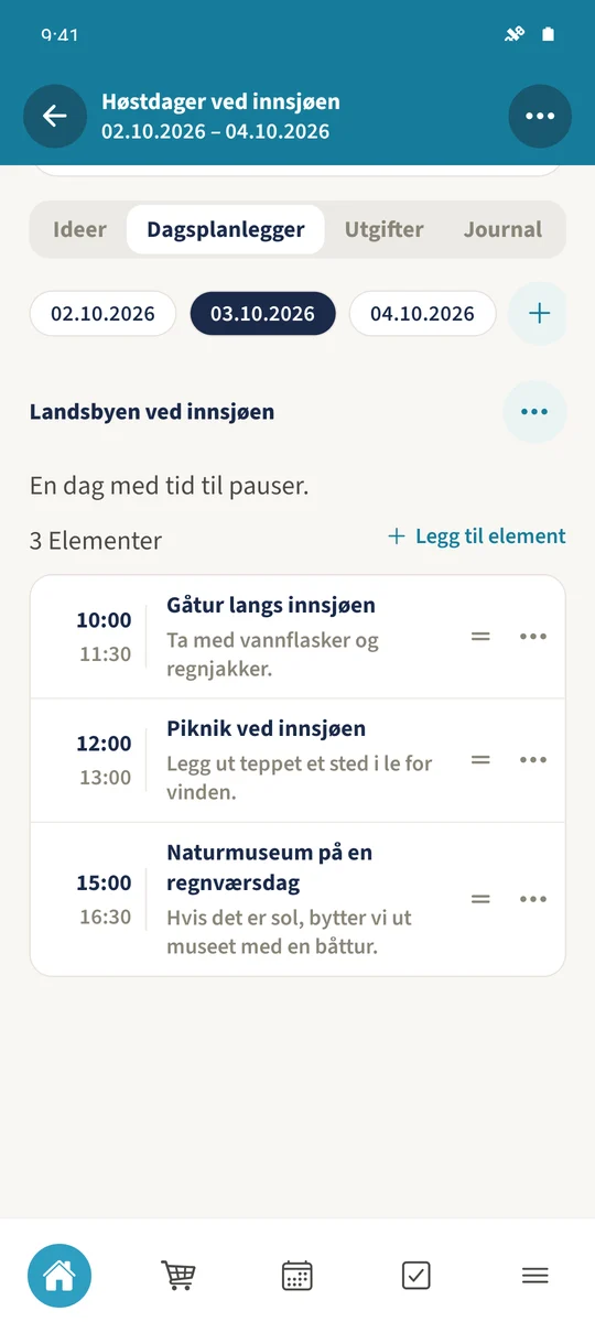 Den lagrede planen for 3. oktober viser turen, pikniken og naturmuseet i valgt rekkefølge.