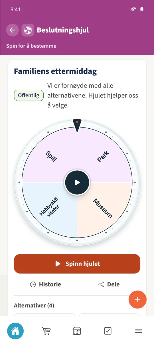 Det lagrede familiehjulet har fire alternativer og er klart til å spinnes.
