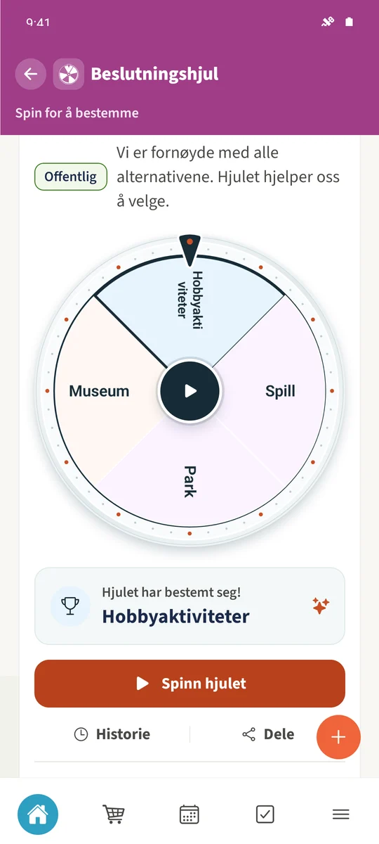 Daniels ferdige spinn viser valgt alternativ.