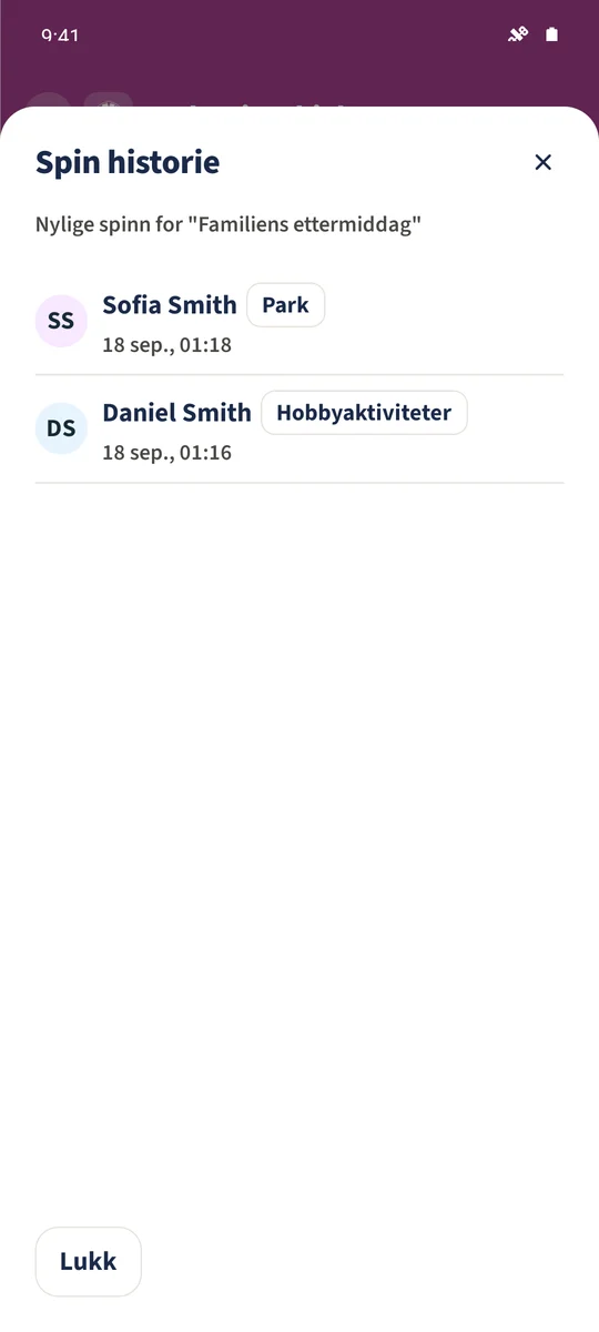 Spin historie viser Daniel og Sofias lagrede resultater med datoer og klokkeslett.