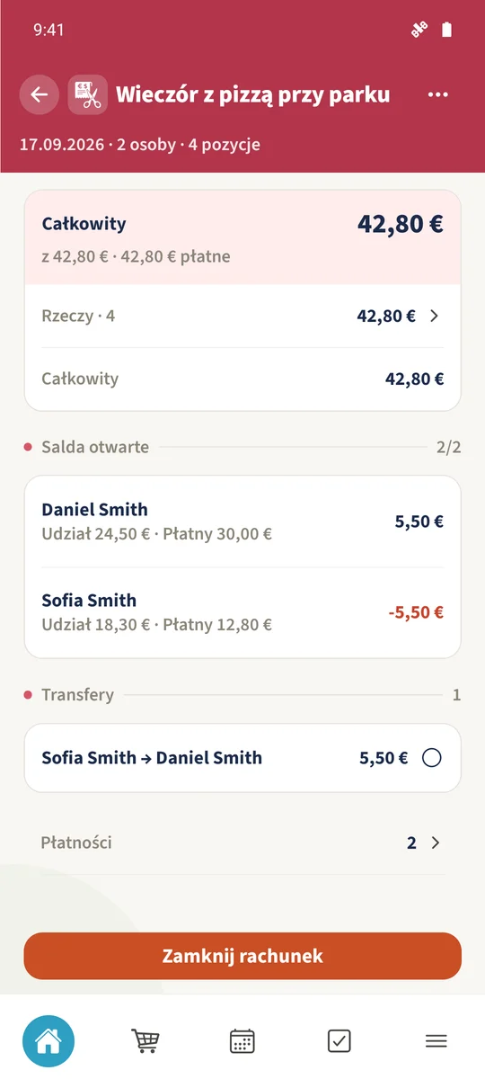 „Recenzja” pokazuje 42,80 € zapłacone w walucie rachunku wraz ze zwrotem pozostałym między osobami.
