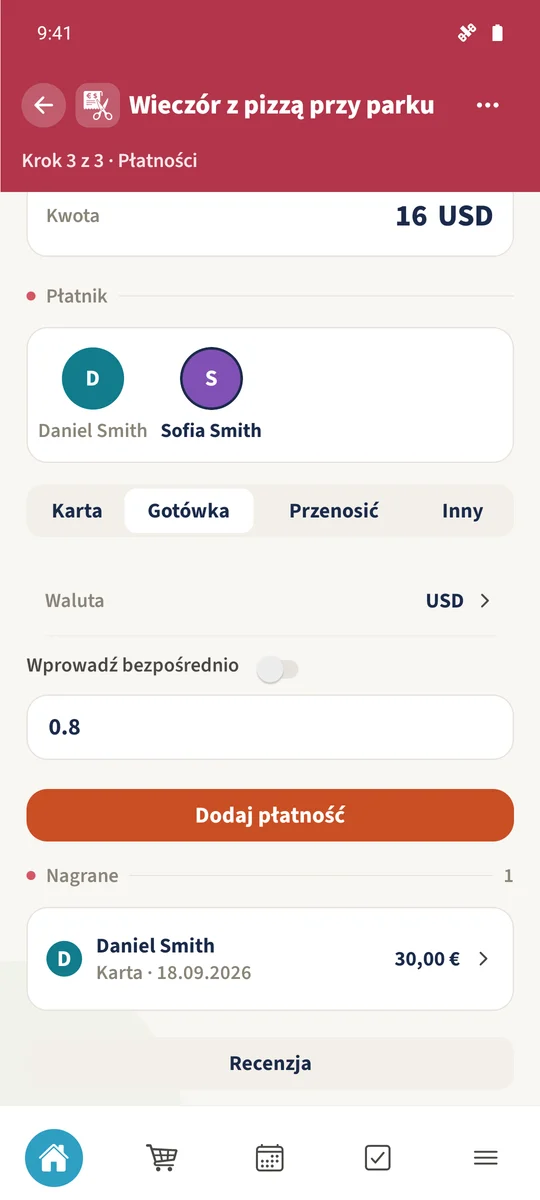 Formularz płatności pokazuje 16 USD od Sofii, „Gotówka” i ręcznie wpisany demonstracyjny kurs 0,8.