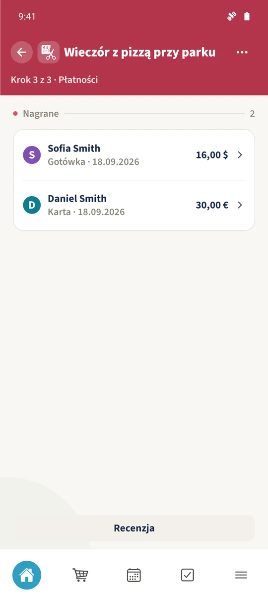 „Nagrane” zawiera płatność Sofii na 16 USD i płatność Daniela na 30 €.