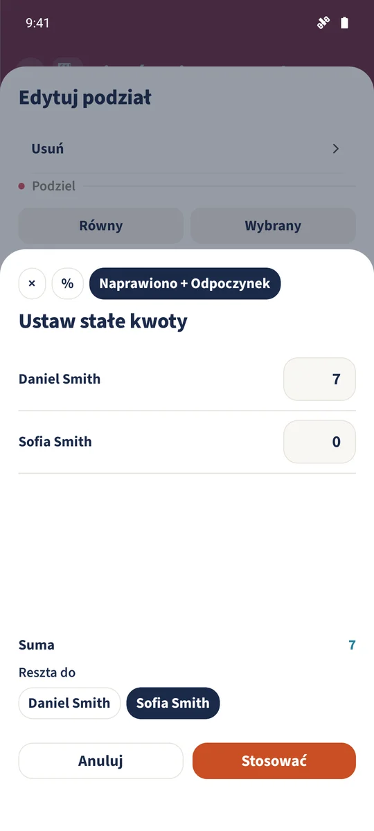 „Naprawiono + Odpoczynek” przypisuje Danielowi 7 € kosztu pozycji, a pozostałą część kosztu — Sofii.