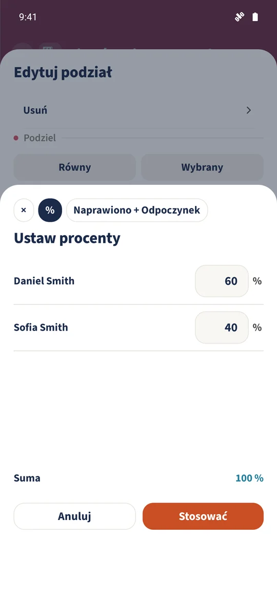 Alternatywny podział procentowy używa 60 i 40, dając łącznie 100%.
