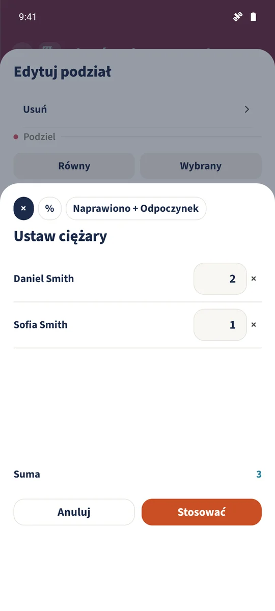 Wagi 2 dla Daniela i 1 dla Sofii dają trzy względne części.