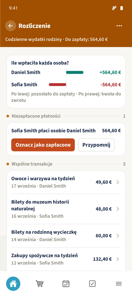 Wrześniowe „Rozliczenie” pokazuje otwartą płatność 564,60 € od Sofii do Daniela oraz wspólne transakcje będące podstawą obliczeń.