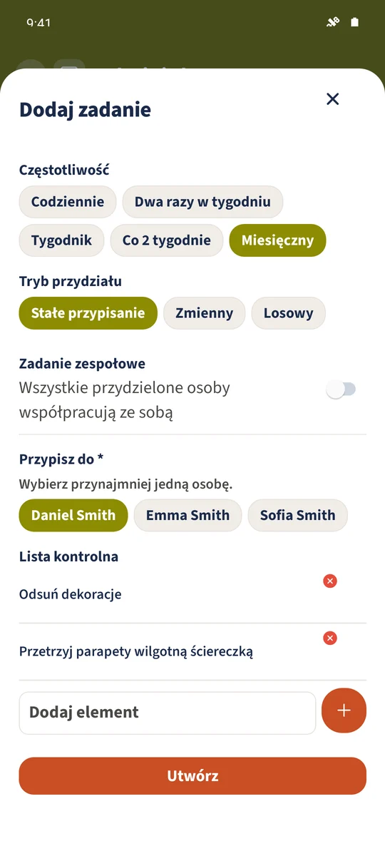 Formularz wybiera Daniela do stałego przypisania i zawiera dwukrokową listę kontrolną.