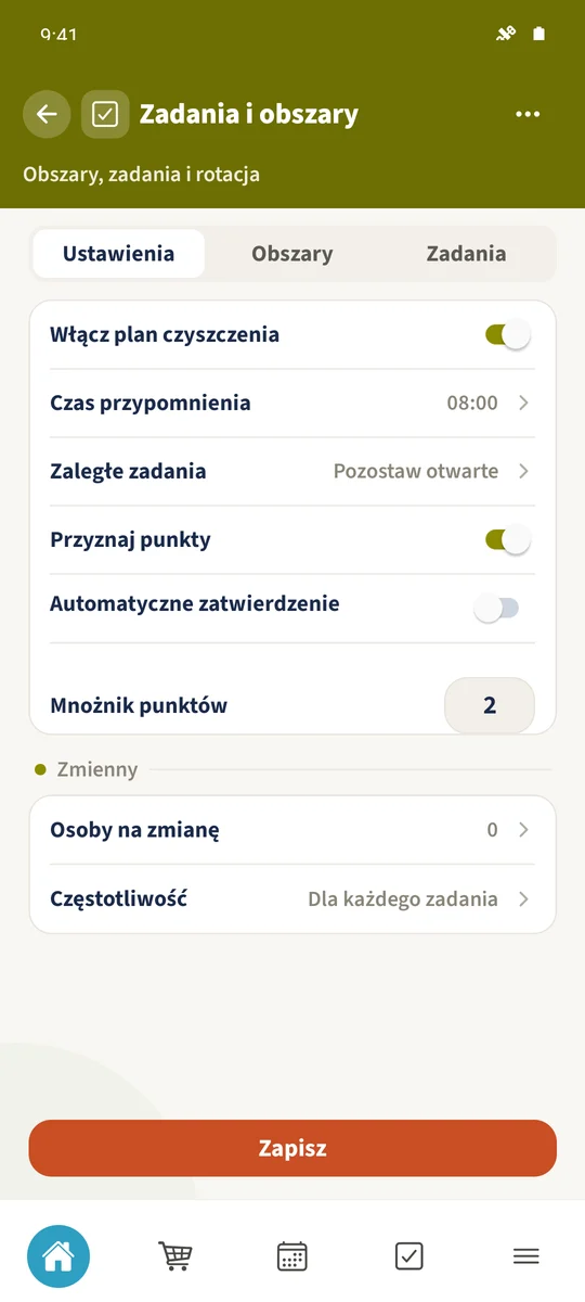 Powiązanie punktów jest włączone, automatyczne zatwierdzanie wyłączone, a mnożnik punktów wynosi dwa.
