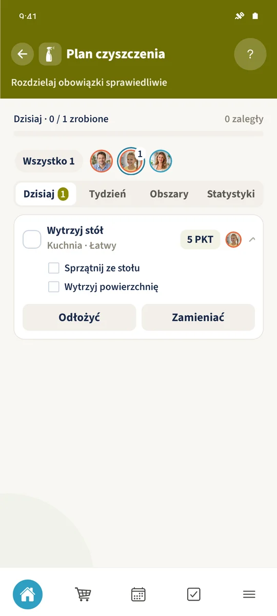 Przed ukończeniem dzienny przydział dotyczący stołu należy do Emmy i pokazuje pięć punktów zadania.