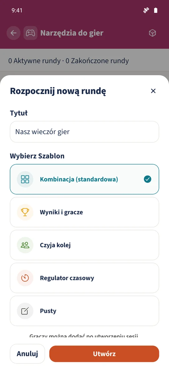 Formularz nowej sesji ma tytuł i wybraną opcję „Kombinacja (standardowa)”.